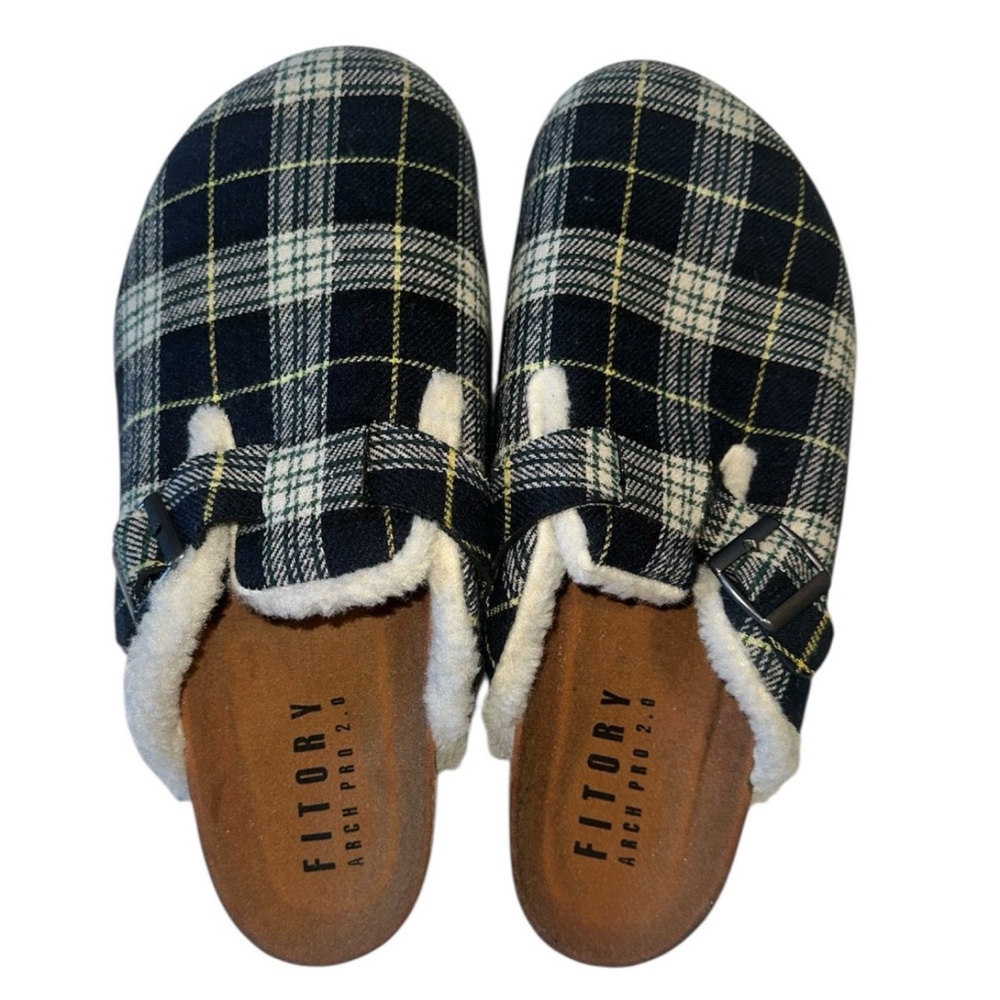 Fitory Mens Plaid Slippers Cork House Slides Adjustable Buckle Strap Size 12 NEW